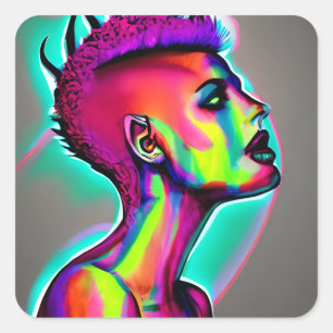 Kleurrijke Abstracte AI-kunst Vrouw met Mohawk Vierkante Sticker
