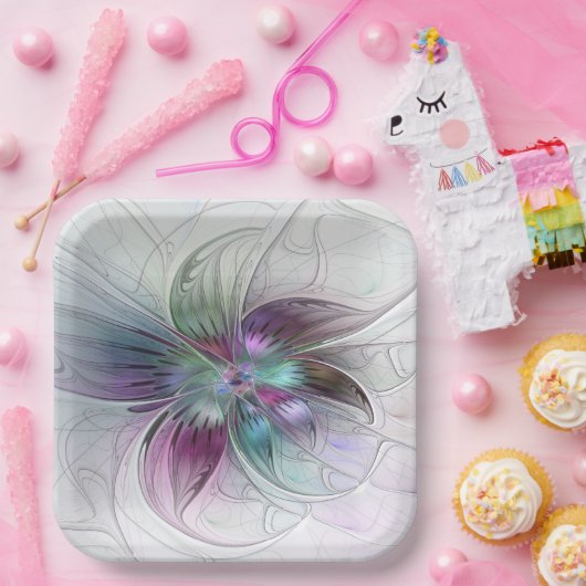 Kleurrijke Abstracte bloem Moderne fractale kunst Papieren Bordje (Feest)