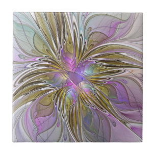 Kleurrijke abstracte bloemfractaal met roze & goud tegeltje