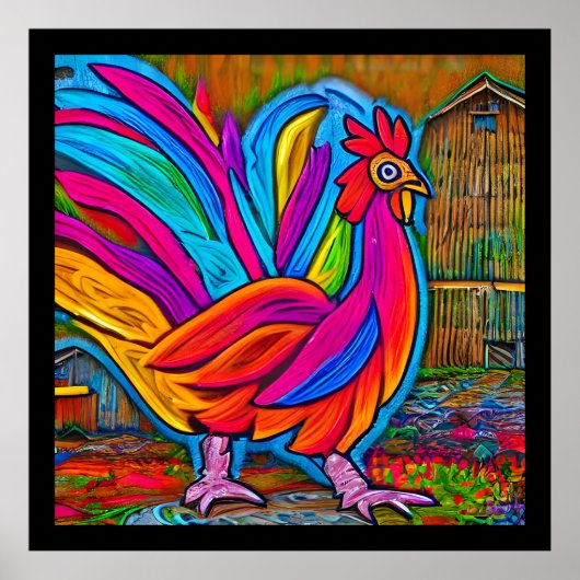 Kleurrijke Abstracte Cartoon Barn Rooster Poster (Voorkant)