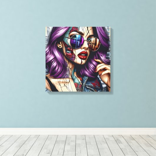 Kleurrijke Abstracte  Dame met Paarse Haar Canvas Afdruk (Insitu (Houten vloer))