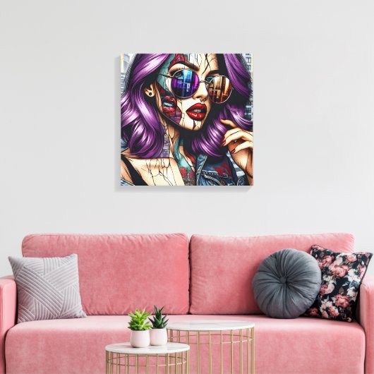 Kleurrijke Abstracte  Dame met Paarse Haar Canvas Afdruk (Insitu (Woonkamer))