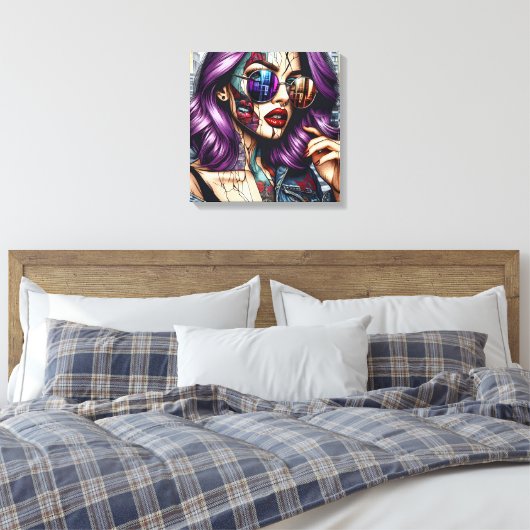 Kleurrijke Abstracte  Dame met Paarse Haar Canvas Afdruk (Insitu (Slaapkamer))