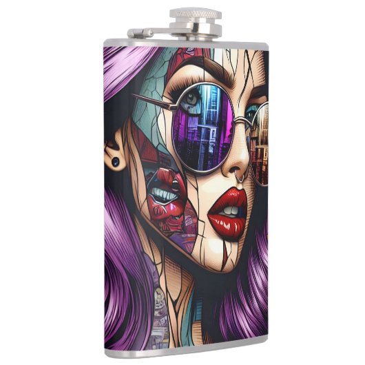 Kleurrijke Abstracte  Dame met Paarse Haar Heupfles (Rechts)