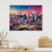 Kleurrijke Abstracte Denver Colorado Skyline Art Poster (Keuken)
