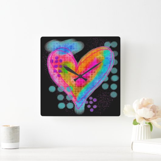 Kleurrijke Abstracte Digitale Hart Schilderij Vierkante Klok (Huis)