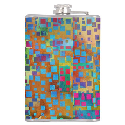 Kleurrijke Abstracte Digitale Kunst met Vierkanten Heupfles (Achterkant)