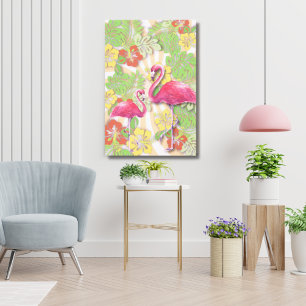 Kleurrijke Abstracte Flamingo & Floral 24"x36" Canvas Afdruk