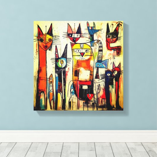 Kleurrijke Abstracte kattenkunst Canvas Afdruk (Insitu (Houten vloer))