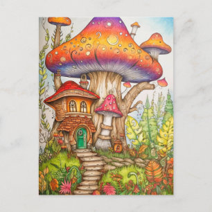 Kleurrijke Abstracte Mushroom House Illustratie Briefkaart