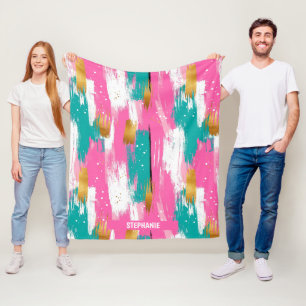 Kleurrijke Abstracte penseelstreken - Mint & Pink Fleece Deken