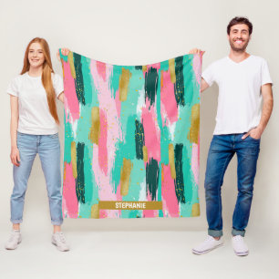 Kleurrijke Abstracte penseelstreken - Mint & Pink Fleece Deken