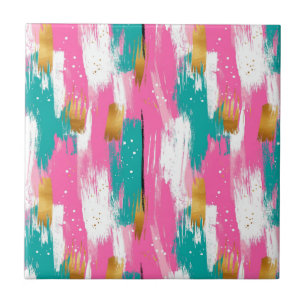 Kleurrijke Abstracte penseelstreken - Mint & Pink  Tegeltje
