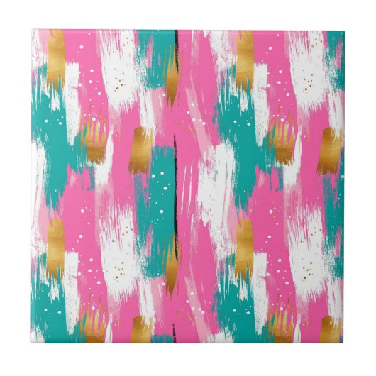 Kleurrijke Abstracte penseelstreken - Mint & Pink Tegeltje (Voorkant)