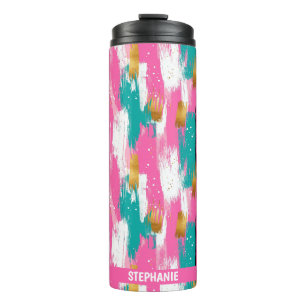 Kleurrijke Abstracte penseelstreken - Mint & Pink Thermosbeker