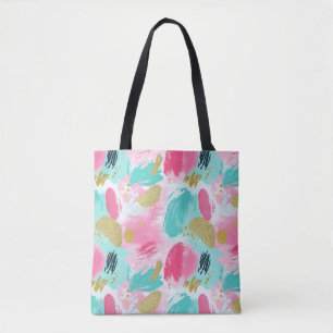 Kleurrijke Abstracte penseelstreken - Mint & Roze Draagtas