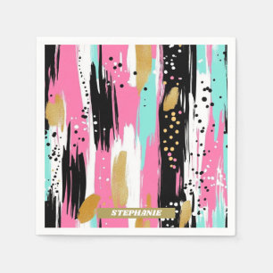 Kleurrijke Abstracte penseelstreken - Mint & Roze  Servet