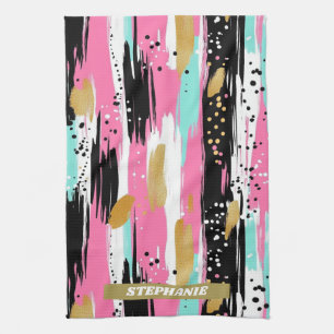 Kleurrijke Abstracte penseelstreken - Mint & Roze Theedoek
