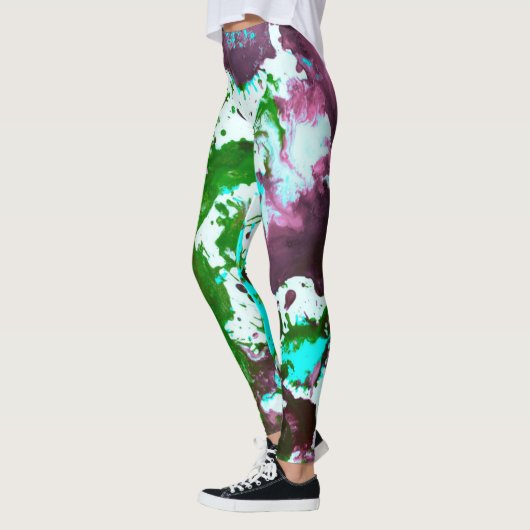 Kleurrijke Abstracte platter Verf Groen en Paars Leggings (Links)
