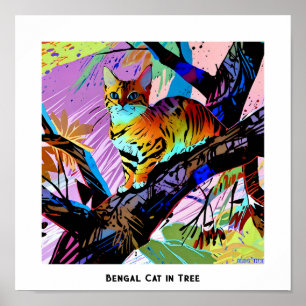 Kleurrijke Abstracte Pop Art Bengal Cat in Tree Poster