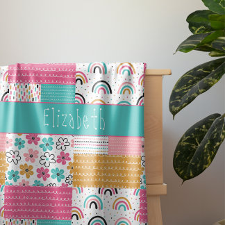 Kleurrijke Abstracte regenboog bloem patchwork Sherpa Deken