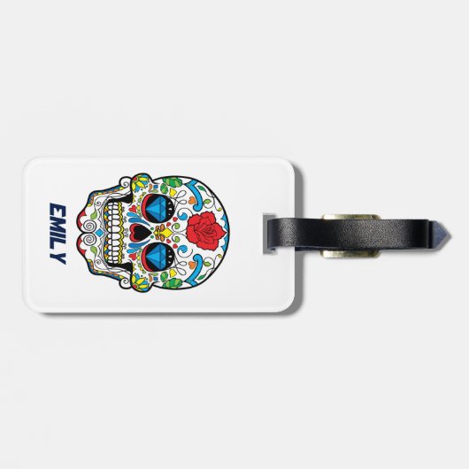 Kleurrijke Abstracte Retro Sugar Skull Red Rose Bagagelabel (Achterkant horizontaal)
