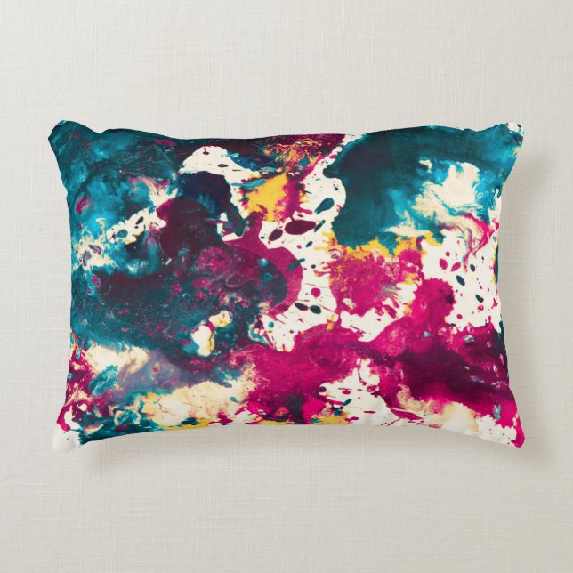 Kleurrijke Abstracte Splatter Verf Blauwgroen en M Accent Kussen (Voorkant)