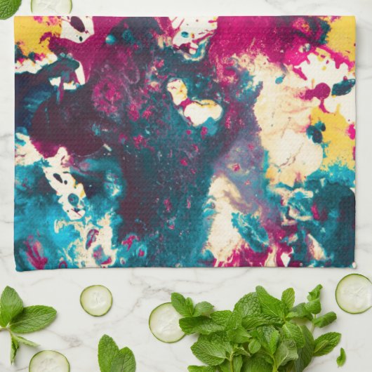 Kleurrijke Abstracte Splatter Verf Blauwgroen en M Theedoek (Gevouwen)