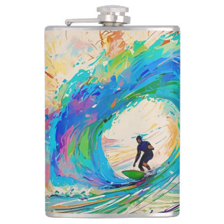 Kleurrijke Abstracte Surfer in de Barrel Wave Heupfles