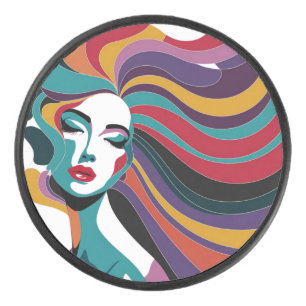 Kleurrijke Abstracte vrouw met vloeiende haarkunst Hockey Puck