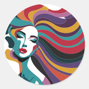 Kleurrijke Abstracte vrouw met vloeiende haarkunst Ronde Sticker