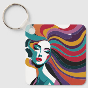Kleurrijke Abstracte vrouw met vloeiende haarkunst Sleutelhanger