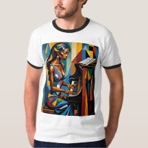 Kleurrijke Abstracte Zwarte Vrouw Pianist Shirt
