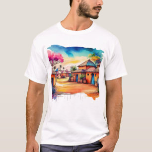 Kleurrijke Afrikaanse dorp aquarel schilderij T-shirt