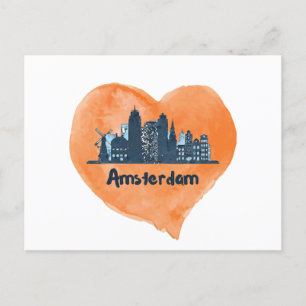 Kleurrijke Amsterdam City Skyline Waterverf Heart Feestdagenkaart
