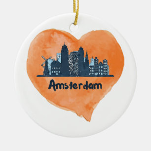 Kleurrijke Amsterdam City Skyline Waterverf Heart  Keramisch Ornament