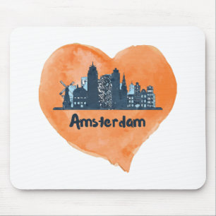 Kleurrijke Amsterdam City Skyline Waterverf Heart Muismat