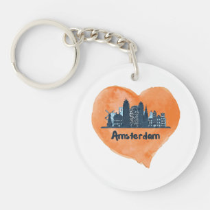 Kleurrijke Amsterdam City Skyline Waterverf Heart Sleutelhanger