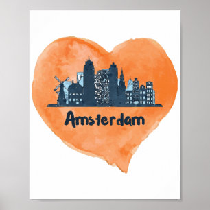 Kleurrijke Amsterdam Stad Silhouet Waterverf Hart  Poster