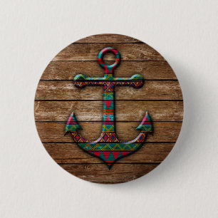 Kleurrijke anker op houtextuur ronde button 5,7 cm