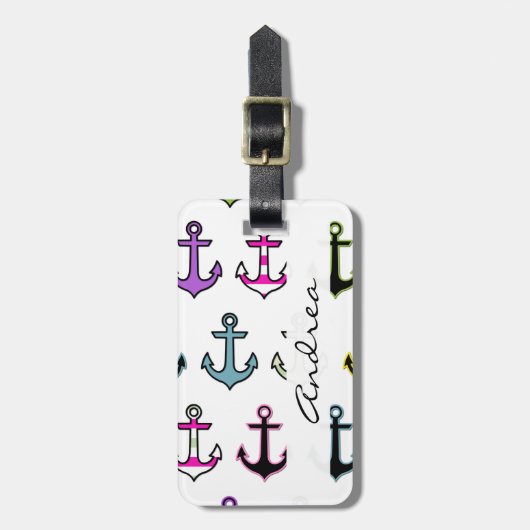 kleurrijke ankers, patroon van de anker, Jouw naam Bagagelabel (Voorkant verticaal)