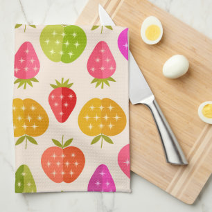 Kleurrijke Appels en Aardbeien met retro sterren Theedoek