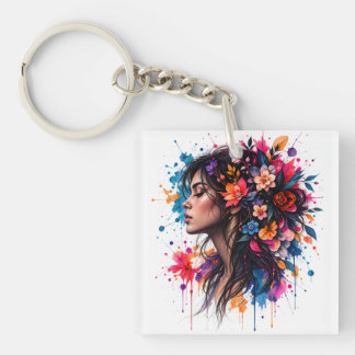 Kleurrijke Aquarel Bloemige Vrouw Artistiek Sleutelhanger