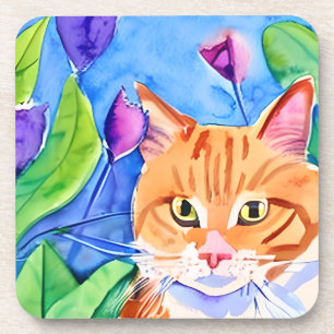 Kleurrijke Aquarel Kunst   Oranje Kat en Bloemen Bier Onderzetter