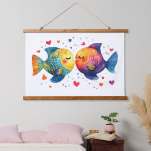 Kleurrijke Aquarel Kussende Vissen Romantische Ver Hangend Wandkleed