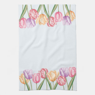 Kleurrijke Aquarel Tulpen Op Lichtblauw Theedoek
