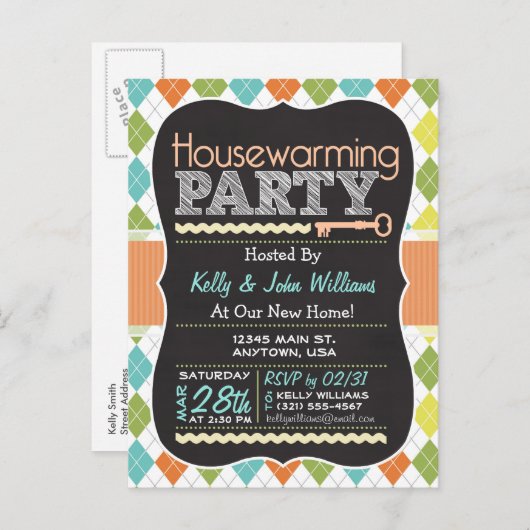 Kleurrijke Argyle; Chalkboard Housewarming Party Uitnodiging Briefkaart (Voorkant / Achterkant)