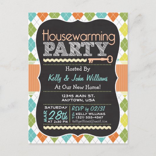 Kleurrijke Argyle; Chalkboard Housewarming Party Uitnodiging Briefkaart (Voorkant)