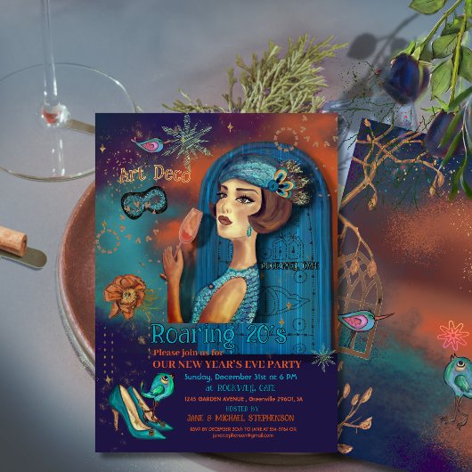 Kleurrijke Art Deco Nieuwjaarsfeest uitnodiging