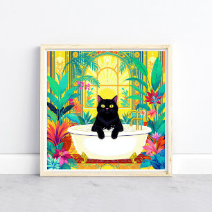 Kleurrijke Art Deco Zwarte Kat in Badkuip Poster